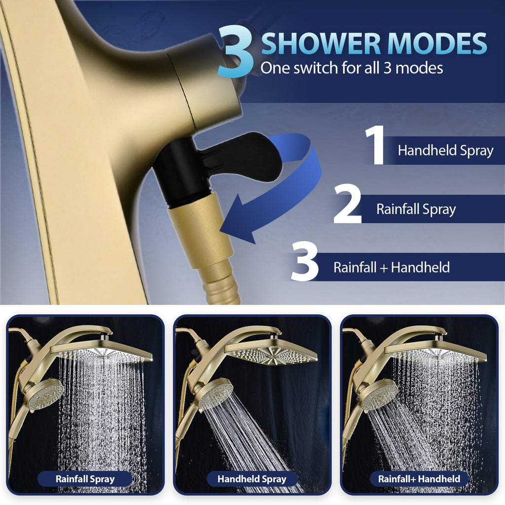 INAVAMZ 12 inch Rain Shower Head and Handheld Combo, High Pressure Shower, 3+8+1 Spray Modes, Magnetic Dock, Power Jet, Anti-Clog Nozzles, 60" Hose,Gold