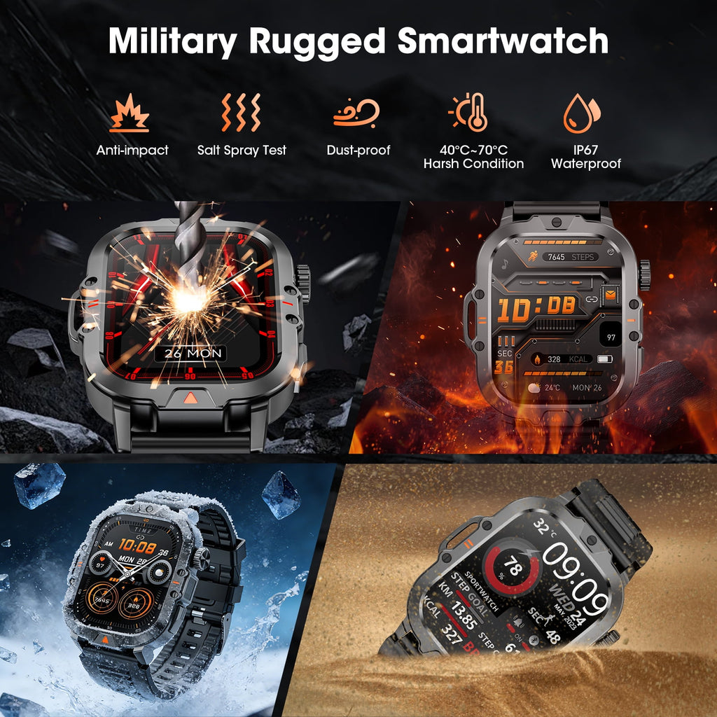 Smartwatch for Men with Fitness Tracker, 2.01-inch Answer/Make Calls/100+ Sport Modes, IP68 Waterproof, men's Military Smartwatch compatible with Android IPhone Devices (Black)