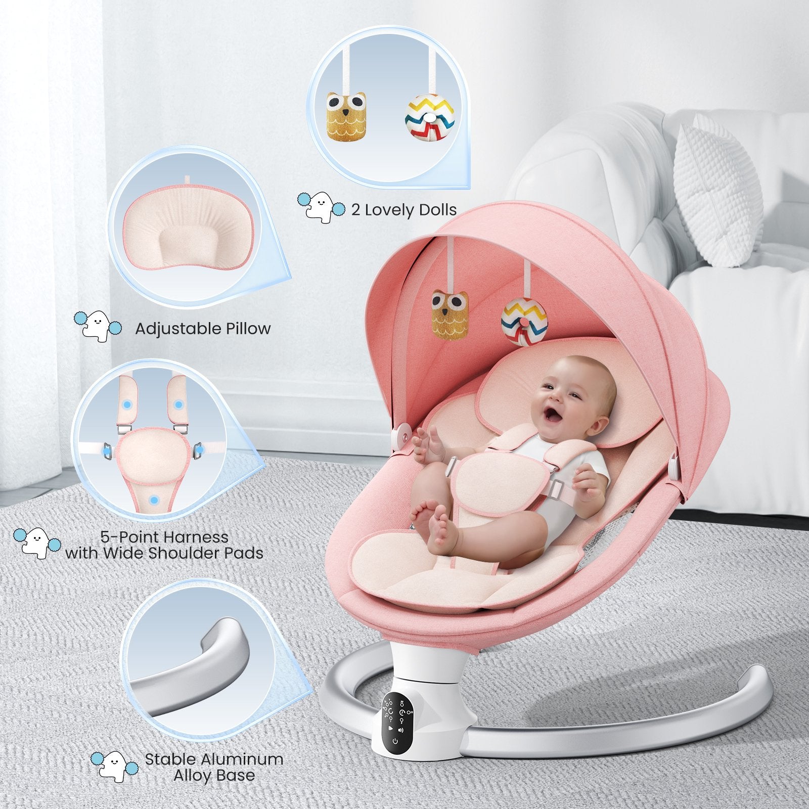 Doulami Electric Baby Swing for Newborn to Toddler Portable Infant Swing Rocker with Remote & APP Control & IMD Touch Panel, 5 Sway Speeds, 10 Lullabies, Pink